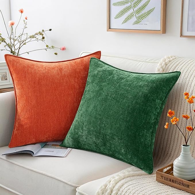 decorUhome Spring Couch Euro Sham Throw Pillow Covers 26x26 Set of 2, Decorative Soft Velvet Neutral Chenille Pillow Covers with Elegant Design for Sofa Bed Living Room Home Decor, Green