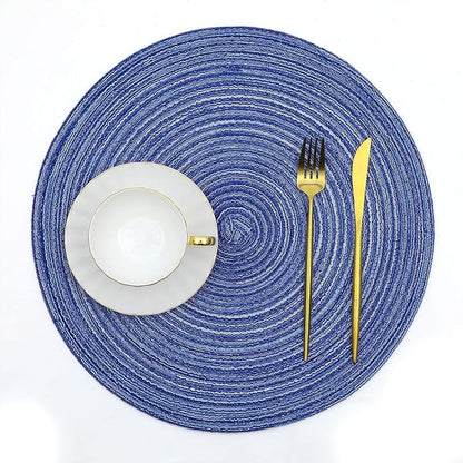 SHACOS Round Braided Placemats 15 inch Set of 4 Washable Cotton Polyester Braided Kitchen Table Placemats for Home Wedding Party (Blue White, 4)