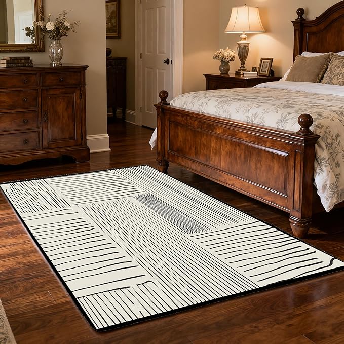 Area Rug 2.6x4 Feet Abstract Lines, Non-Slip Comfort Floor Mat Washable Rug Modern High Traffic Durable for Living Room, Bedroom, Home Office (Black White)