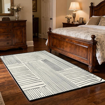 Area Rug 2.6x4 Feet Abstract Lines, Non-Slip Comfort Floor Mat Washable Rug Modern High Traffic Durable for Living Room, Bedroom, Home Office (Black White)