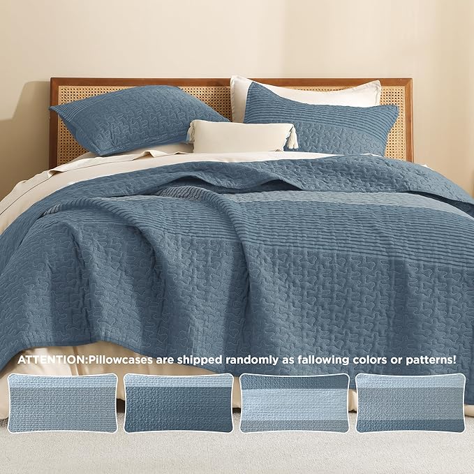 Litanika California King Quilt Set Blue Linen - Cal King Oversized Stripe Comforter Bedspreads & Coverlets - Soft Lightweight Quilted Bedding Set for All Season(1 Quilt, 2 Pillowcases)