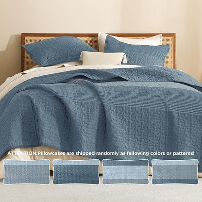 Litanika Oversized King Quilt Set Blue Linen, 128x120 Stripe Bedspread Coverlet 3 Pieces, Blue Linen Lightweight Quilted Bedding Set for All Season(Super King Plus-1 Quilt, 2 Pillowcases)