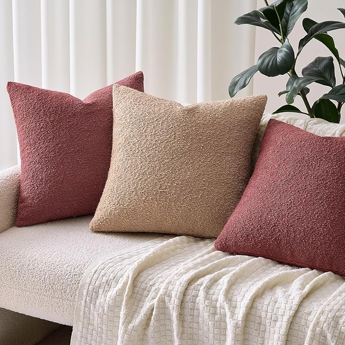 Woaboy Pack of 2 20x20 Inch Decorative Boucle Throw Pillow Covers Textured Square Pillowcaes Accent Solid Cozy Soft Cushion Covers Home Decor for Sofa Couch Living Room Home Decor,Burgundy