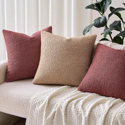 Woaboy Pack of 2 20x20 Inch Decorative Boucle Throw Pillow Covers Textured Square Pillowcaes Accent Solid Cozy Soft Cushion Covers Home Decor for Sofa Couch Living Room Home Decor,Burgundy