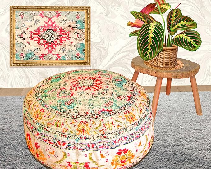 Mandala Life ART Large Floor Pillow Cover Yellow Round Pouf Ottoman Indian Floor Cushion Boho Chic Perfect Vintage Cushion for Living Room, Bedroom, Nursary or Children Room Cotton 24x8 Unstuffed
