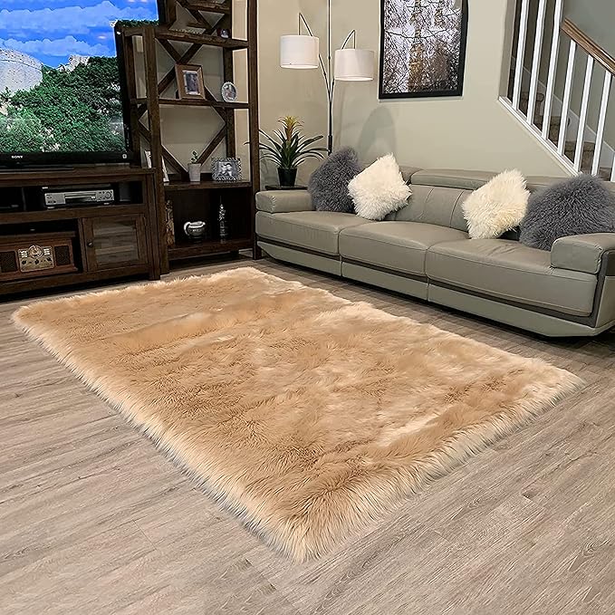 LAMBZY High Pile Super Fluffy Soft Faux Sheepskin Rug | Faux Sheepskin Rugs for Living Room Playroom Bedroom | Classic Super Soft to Touch Rug (12'x15, Beige)