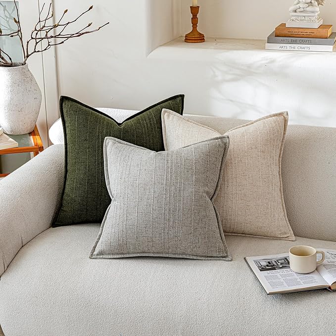 a moment Linen Pillow Covers Set of 2,Boho Farmhouse Throw Pillowcases Neutral Textured Decorative Covers for Couch Sofa,Linen Blend Accent Case Cushion Living Room Home Decor 18"x18"Dark Green