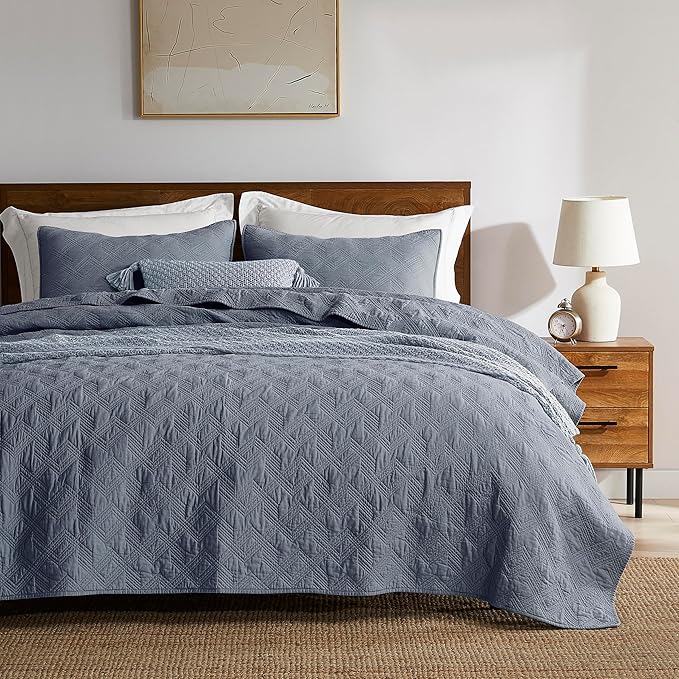 WDCOZY 100% Cotton Oversized King Quilt Set - Dusty Blue California Cal King Size Soft Lightweight Modern Bedspread, Farmhouse Country Rustic Coverlet, Textured Like Linen, Shabby Chic Bedding
