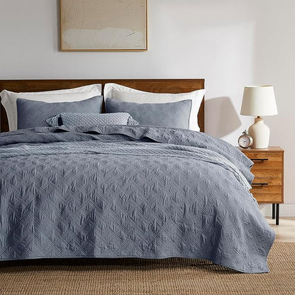WDCOZY 100% Cotton King Size Quilt Set - Dusty Blue Pre-Washed Soft Lightweight Modern Bedspread, Farmhouse Country Rustic Coverlet, Textured Like Linen, Shabby Chic Gauze Bedding, 3 Pieces
