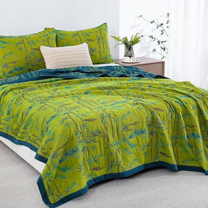 100% Cotton Muslin Jacquard 3 Piece Quilt Set Botanical Bamboo Leaf Print, Soft 3 Layers Gauze Bed Cover Reversible Bedspread Coverlet Breathable Lightweight Bedding Set, Queen