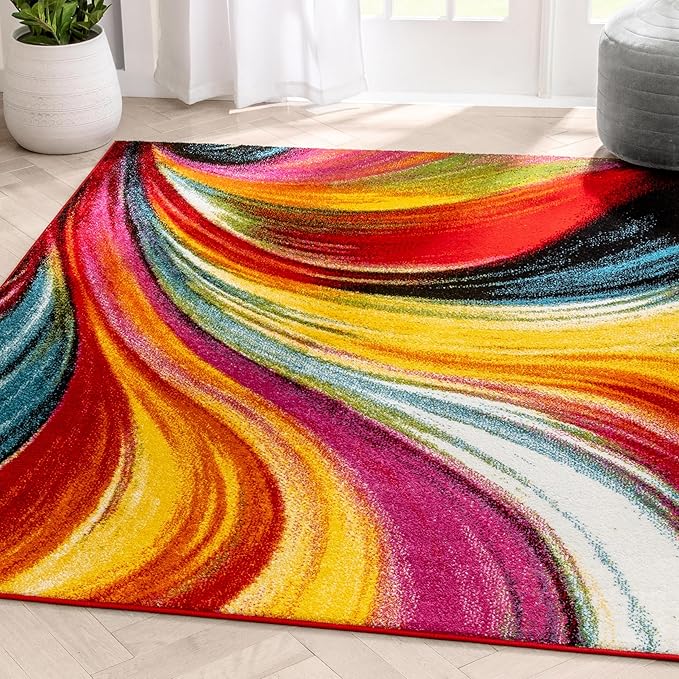 Well Woven Aurora Multi Red Yellow Orange SwirlLines ModernGeometric Abstract Brush Stroke Area Rug(7'10inx9'10in)Easy Clean Stain Fade Resistant Shed Free Contemporary Painting ArtStripe Thick Soft