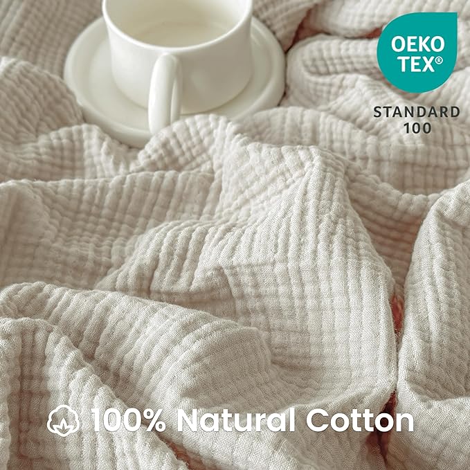 FALUCA Cotton Muslin Reversible Blanket King Size for Bed, Couch, Four Layers Blanket, Soft Lightweight Cozy Breathable Farmhouse Decoration for All-Season, Khaki