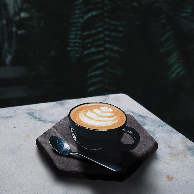 Mela Artisans Set of 4 Hand Crafted Marble Coasters - Sleek Black, Hexagon | Coffee Table Decor | Absorbent Keeping Surfaces Dry & Safe | Ideal for Wine Glasses, Water Cups or Beer Mugs