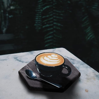 Mela Artisans Set of 4 Hand Crafted Marble Coasters - Sleek Black, Hexagon | Coffee Table Decor | Absorbent Keeping Surfaces Dry & Safe | Ideal for Wine Glasses, Water Cups or Beer Mugs