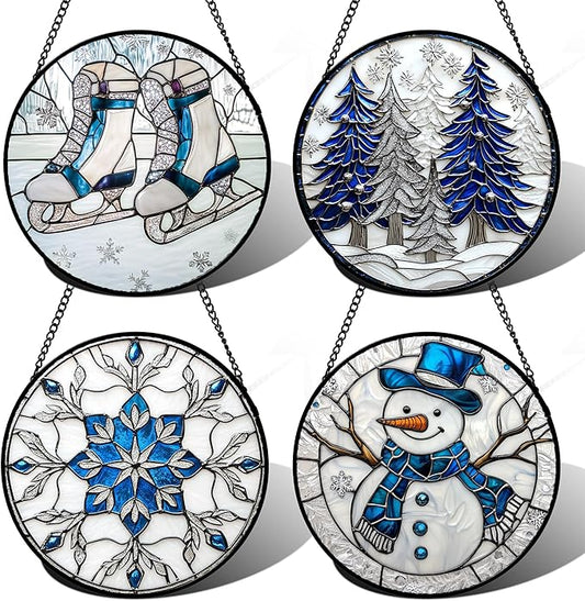 DASTOLL Stained Glass Window Hanging 4 Pcs Set White Winter Christmas Snow Scene Large 11.8" - Suncatcher Door Garden Sun Catcher Decor Birthday for Mom Woman Nana Men Friend Wife