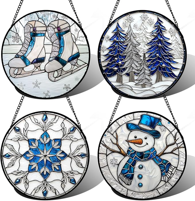 DASTOLL Stained Glass Window Hanging 4 Pcs Set White Winter Christmas Snow Scene 9.8" - Suncatcher Door Garden Sun Catcher Decor Birthday for Mom Woman Nana Men Friend Wife