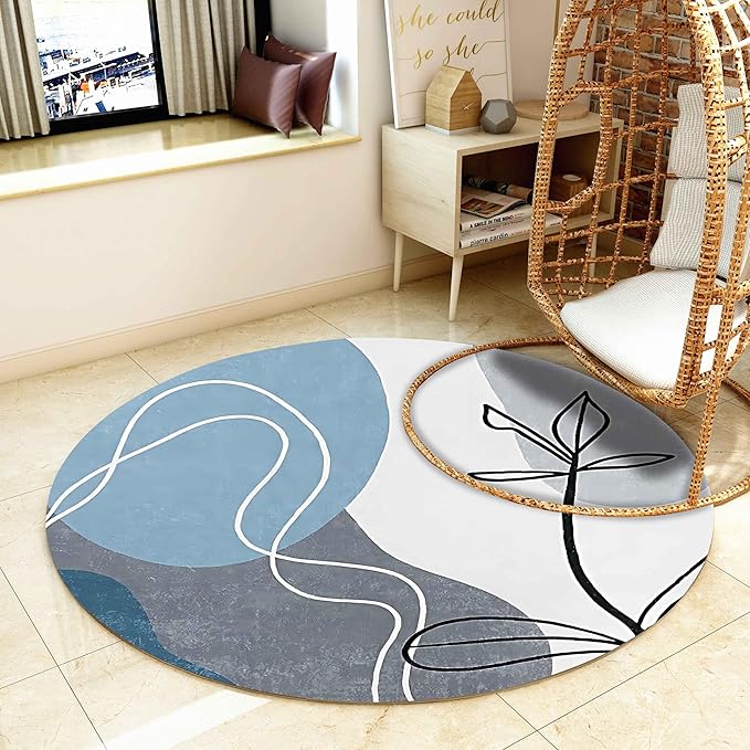 Mid-Century Round Area Rug, 4ft, Bohemian Washable Entryway Rug, Simple Modern Art Blue Bedroom Rug, Non-Slip Soft Living Room Round Rug for Kids Room Home Office Decoration