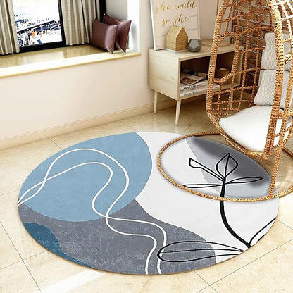Mid-Century Round Area Rug, 5ft, Bohemian Washable Entryway Rug, Simple Modern Art Blue Bedroom Rug, Non-Slip Soft Living Room Round Rug for Kids Room Home Office Decoration