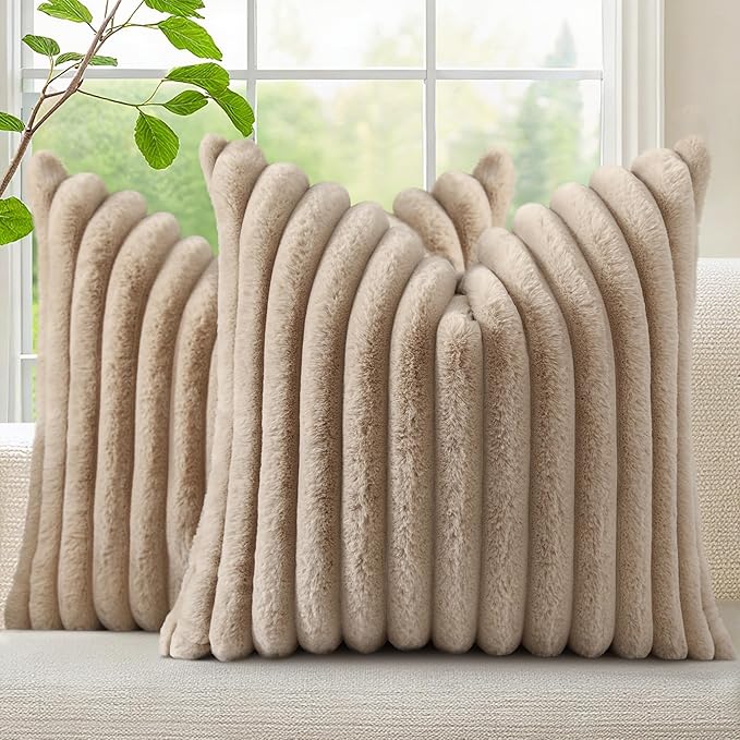 decorUhome Faux Fur Spring Throw Pillow Covers 18x18 Set of 2, Decorative Soft Plush Striped Neutral Couch Pillow Covers with Velvet Back for Sofa, Bed, Living Room Home, Khaki Brown