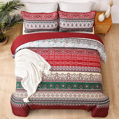 WONGS BEDDING Boho Queen Quilt Set, Red Bohemian Quilt Bedding Set, Lightweight Bed Decor Bedspread for All Season Reversible Microfiber Coverlet Bedding Set 96"x90"(3 Pieces)