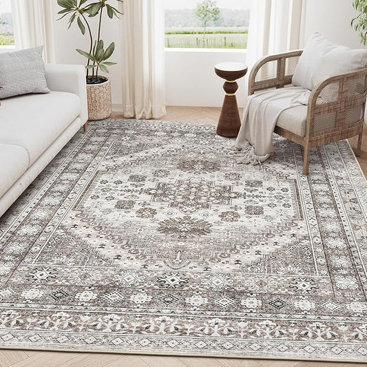 zesthome 3x5 Area Rug Ultra Soft Washable Rug, Non Slip Area Rug Indoor Entrance, Stain Resistant Rugs for Living Room Bedroom Vintage Home Decor (Brown/Beige,3'x5')