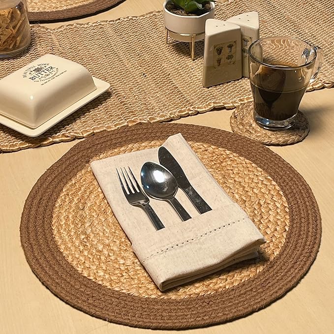 Chardin home Round Verona Woven Jute & Cotton Braided PLACEMAT (Set of 4), Size -14 inch, Round, Color - Natural Jute with Brown Border