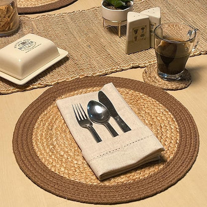 Chardin home Round Verona Woven Jute & Cotton Braided PLACEMAT (Set of 4), Size -14 inch, Round, Color - Natural Jute with Brown Border