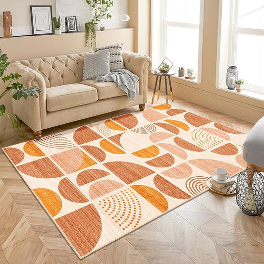 MUJOO Boho Rug Washable,4x6.5 Area Rugs for Bedroom Living Room Bedside Office,Throw Floor Carpet Non Slip Soft Indoor Modern Abstract Bohemian Orange