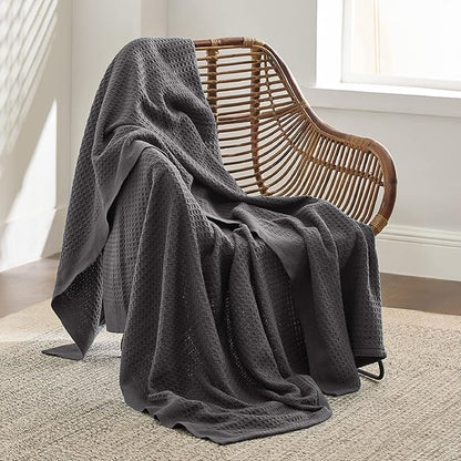 Bedsure Gentlesoft 100% Cotton Blanket Twin XL Size for College Dorm - Breathable and Soft, Waffle Weave Twin Blanket for Summer, Dorm Room Essentials, Dark Grey, 66x90 inches