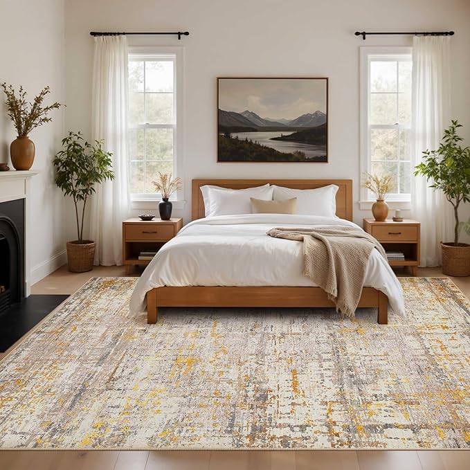 Area Rugs 8x10,Large Soft Rugs for Living Room, Washable, Modern Neutral Abstract Rugs for Bedroom Dining Room, Non-Slip Foldable Thin Indoor Carpet Stain Resistant(Beige Gold)