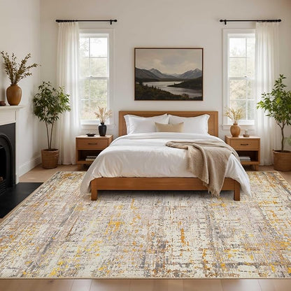 Area Rugs 8x10,Large Soft Rugs for Living Room, Washable, Modern Neutral Abstract Rugs for Bedroom Dining Room, Non-Slip Foldable Thin Indoor Carpet Stain Resistant(Beige Gold)