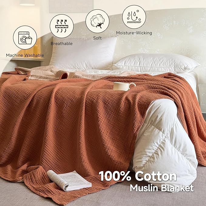Simple&Opulence 100% Cotton Muslin Blanket King Size, Lightweight Breathable 4 Layering Gauze Blanket for Bed Couch Camping, Soft Bedspread Coverlet All-Season Use (Rust Orange, 104" x 92")