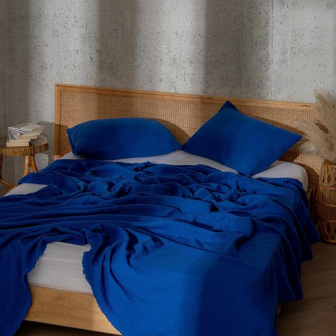Muslin Blanket - Pure 100% Turkish Cotton Airy Soft Light Versatile Gauze Throw Blanket for Bed, Couch, Sofa (Blue, King Size (95" x 110" inch))