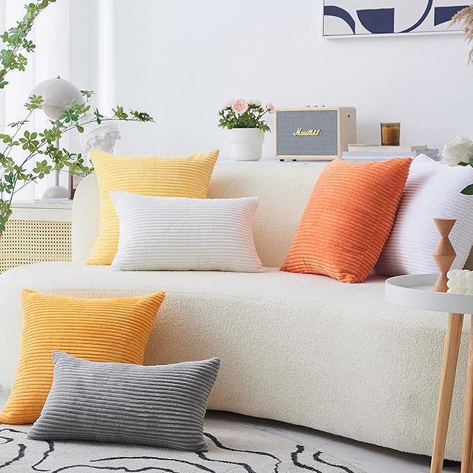 Home Brilliant 12 x 20 Fall Pillow Covers Set of 2 Plush Striped Corduroy Velvet Rectangular Throw Pillow Covers for Chair Couch Winter Decor Lumbar Pillows, 12 x 20 inch, Sunflower Yellow