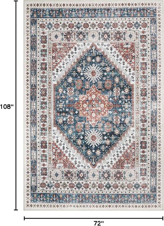zesthome 6x9 Area Rug, Super Soft Washable Rugs for Living Room, Non-Slip Stain Resistant Vintage Rugs, Ultra-Thin Large Area Rugs (Navy Blue/Red,6'x9')