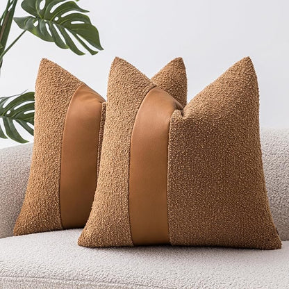 20"x20" Tobacco Boucle Throw Pillow Covers with Faux Leather Accents Set of 2 Fluffy Textured Decorative Pillow Cases for Couch Bed Boho Farmhouse Square Cushion Covers for Nordic Home Décor