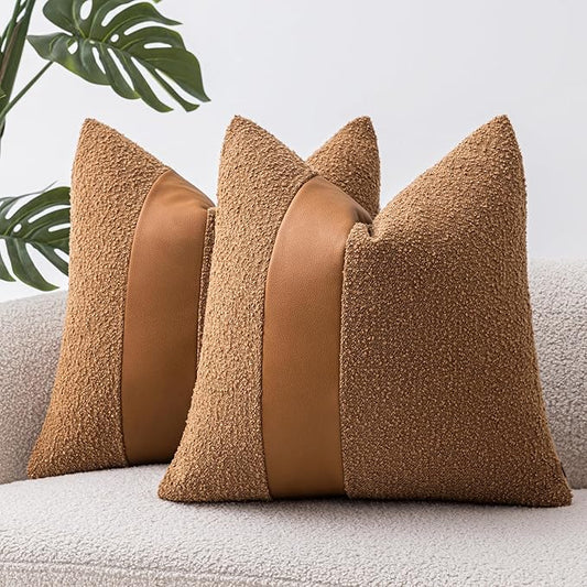 22"x22" Tobacco Boucle Pillow Covers with Faux Leather Accents Set of 2 Fluffy Textured Decorative Throw Pillow Cases for Couch Bed Boho Farmhouse Square Cushion Covers for Home Décor