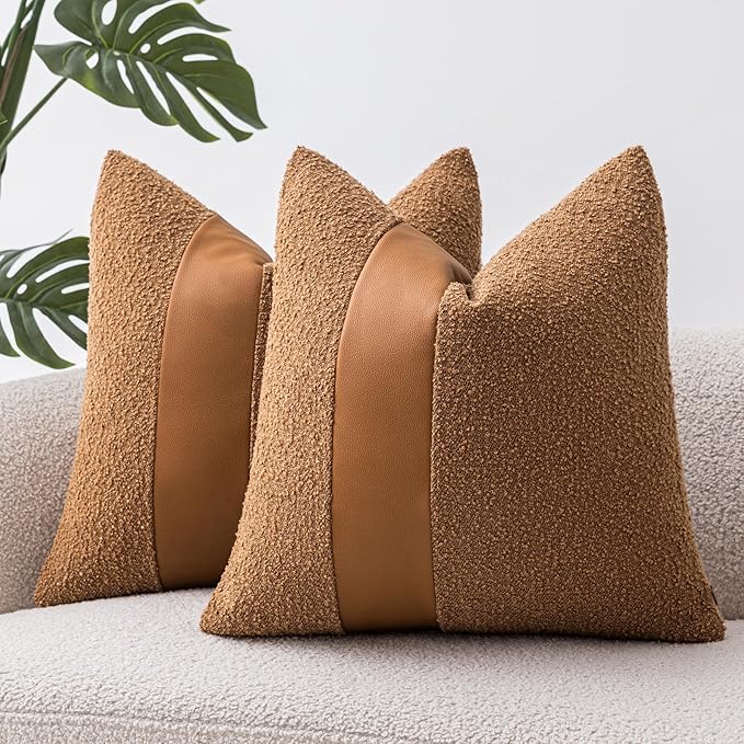 24"x24" Tobacco Boucle Pillow Covers with Faux Leather Accents Set of 2 Fluffy Textured Decorative Throw Pillow Cases for Couch Bed Boho Farmhouse Square Cushion Covers for Home Décor