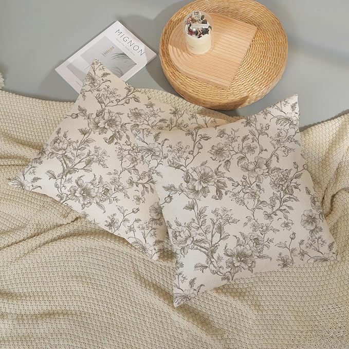 Tan Khaki Pillow Covers 18x18 Set of 2 Vintage Floral Chinoiserie Throw Pillows Rustic Toile Flower Decorative Pillowcase Outdoor Chinoiserie Decor Farmhouse Linen Cushion Case for Couch Sofa