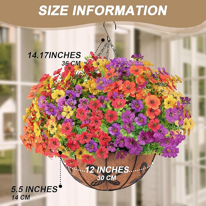 Artificial Faux Hanging Flowers Plants Basket for Outdoors Outside Home Decoration,Hanging Planters with Realistic Silk Fake Daisy Flowers UV Resistant for Balcony Patio Porch Spring Summer Multicolor