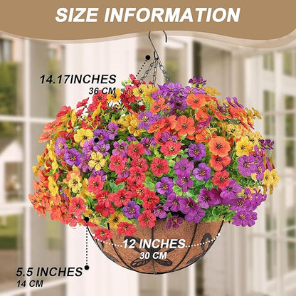Artificial Faux Hanging Flowers Plants Basket for Outdoors Outside Home Decoration,Hanging Planters with Realistic Silk Fake Daisy Flowers UV Resistant for Balcony Patio Porch Spring Summer Multicolor