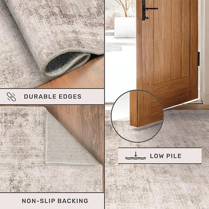 Neutral Living Room Rug - 10x14 Farmhouse Beige Brown Large Area Rug for Dining Room, Bedroom, Low Pile Lightweight Washable