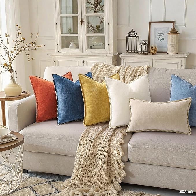 decorUhome Spring Chenille Soft Throw Pillow Covers 12x20 Set of 2, Lumbar Velvet Farmhouse Neutral Decorative Pillow Covers with Stitched Edge for Couch Sofa Bed Home Decor, Beige
