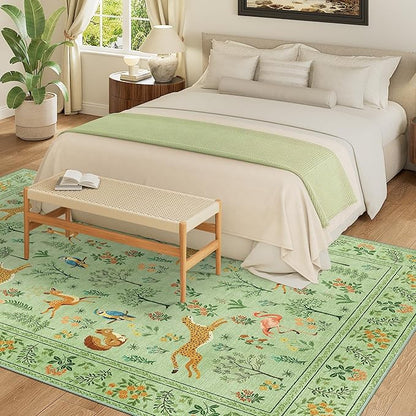 DUKINO 6x9 Rug, Washable Animal Living Room Rug with Non Slip Vintage Design, Soft Low Pile Large Carpet for Bedroom, Nursery, Dining Room, Farmhouse, Playroom, Light Green