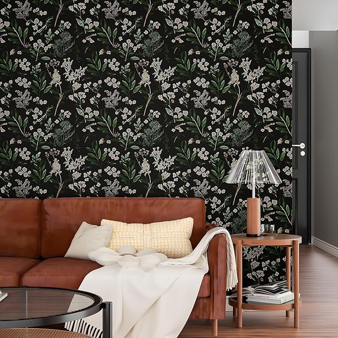 Dark Floral Wallpaper Peel and Stick Green Leaf Wallpaper Vintage Flowers Contact Paper Waterproof Self Adhesive Boho Delicate Wall Paper for Cabinet Kitchen Walls Locker 17.5in x32.8ft