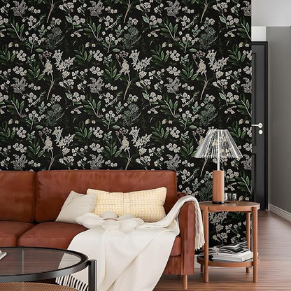 Dark Floral Wallpaper Peel and Stick Green Leaf Wallpaper Vintage Flowers Contact Paper Waterproof Self Adhesive Boho Delicate Wall Paper for Cabinet Kitchen Walls Locker 17.5in x32.8ft