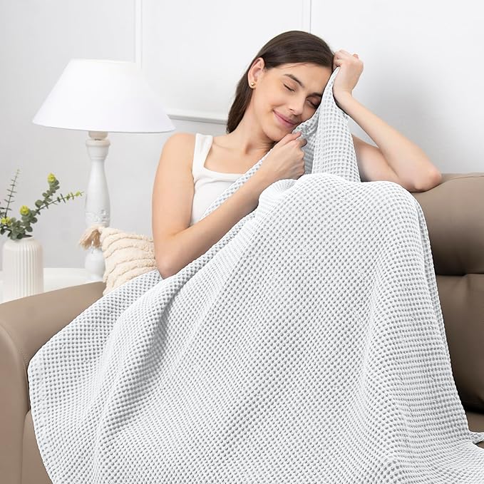 100% Cotton Waffle Blankets for Bed - Queen (90" x 90") Lightweight, Breathable and Soft, Waffle Weave Blanket for All-Season - Summer, Spring, Winter (White)