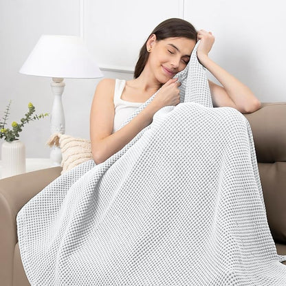 100% Cotton Waffle Blankets for Bed - Queen (90" x 90") Lightweight, Breathable and Soft, Waffle Weave Blanket for All-Season - Summer, Spring, Winter (White)