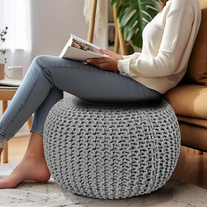 COTTON CRAFT Round Dori Pouf - Cotton Braid Cord Cable Knitted Ottoman - Foot Stool - Footrest - Floor Pouf - Woven Ottoman - Bean Bag - Living Room Dorm - 20 inches Diameter x 14 Height - Light Grey