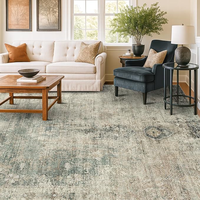 Neutral Dark Rugs for Living Room - 6x9 Washable Rug for Dining Room Table, Bedroom Under Bed, Ultra-Thin Soft Textured Moss Green Indoor Decor